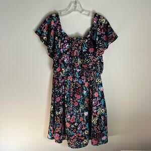 Express Black Multicolor Floral Scoop Neck Off-Shoulder A-Line Dress Size Medium